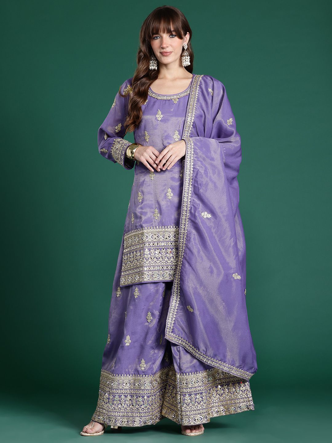 Ethnic Motifs Embroidered Sequinned Kurta With Palazzos & Dupatta