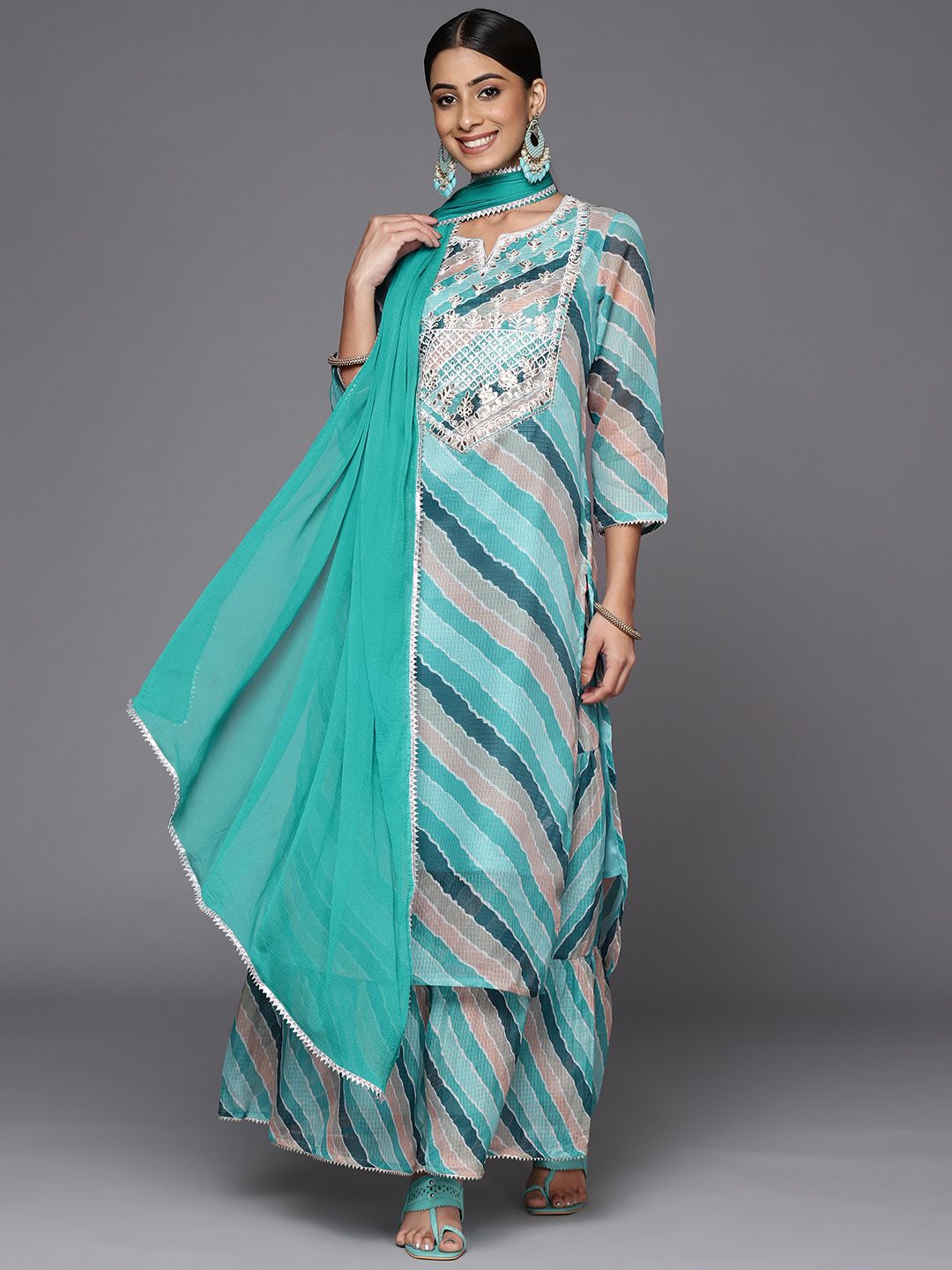Dhiyona VA Women's Teal Leheriya Printed Gotta Patti Chanderi Cotton Kurta with Sharara & With Dupatta