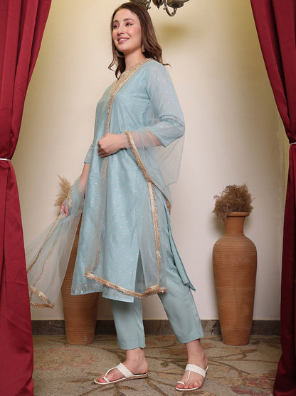Dhiyona PD Women Woven Design Round Neck Three-Quarter Sleeves Chanderi Cotton Kurta Set