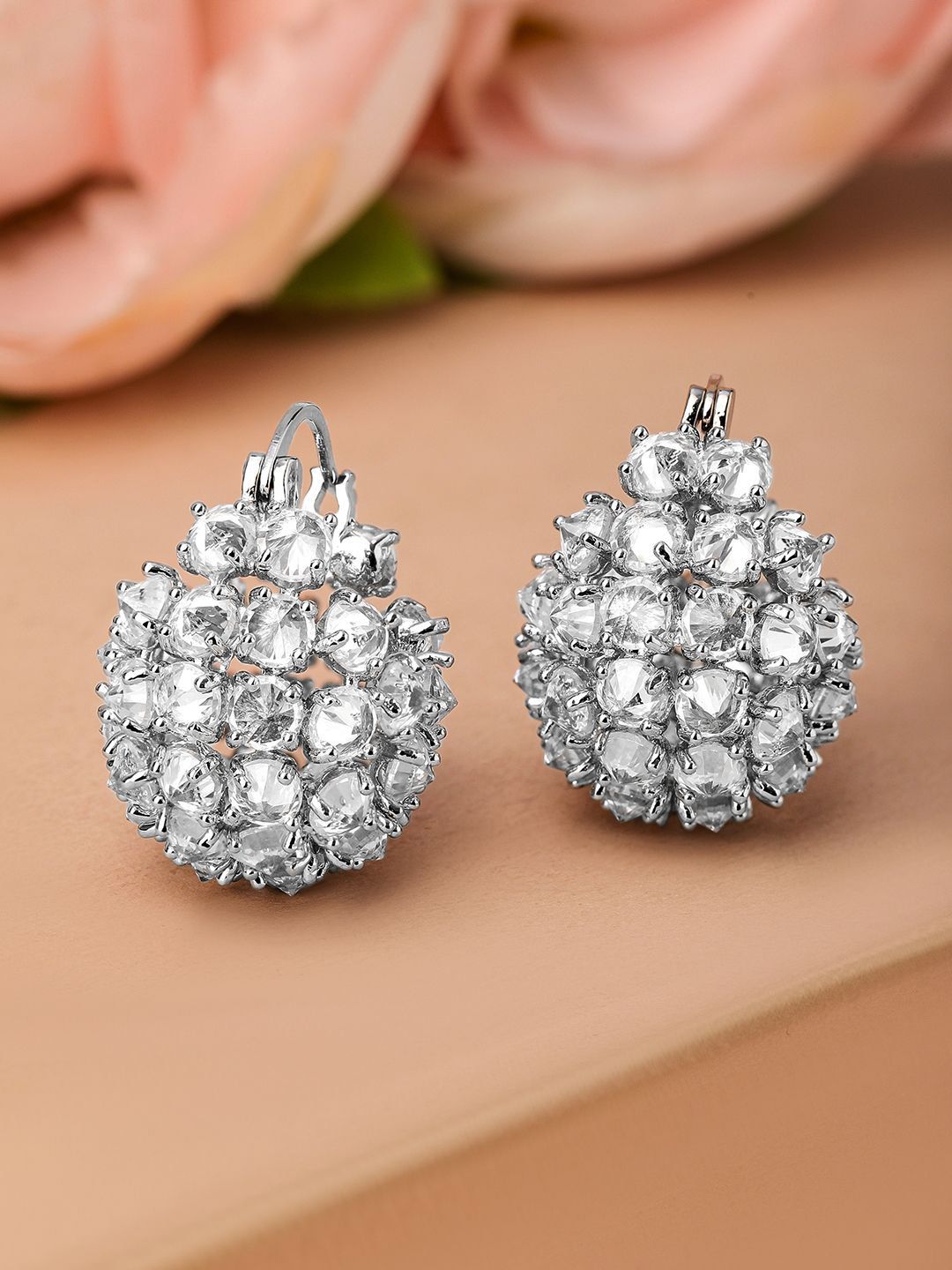 Dhiyona RJ Women's Rhodium-Plated Cubic Zirconia Cluster Design Statement Hoop Earrings
