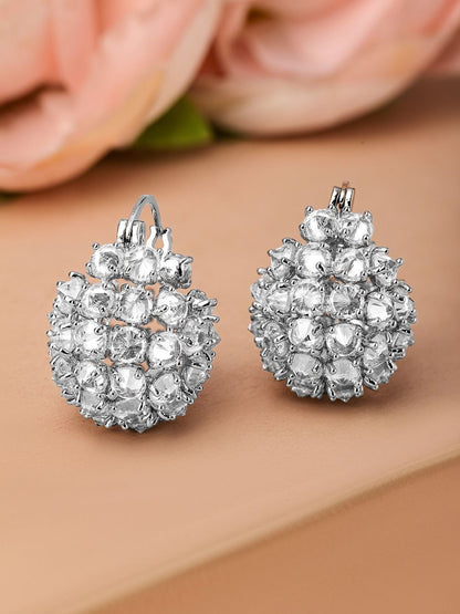 Dhiyona RJ Women's Rhodium-Plated Cubic Zirconia Cluster Design Statement Hoop Earrings