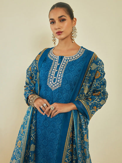 Dhiyona SO Women's Ethnic Motifs Printed Gotta Patti Chanderi Silk Kurta with Trousers & With Dupatta