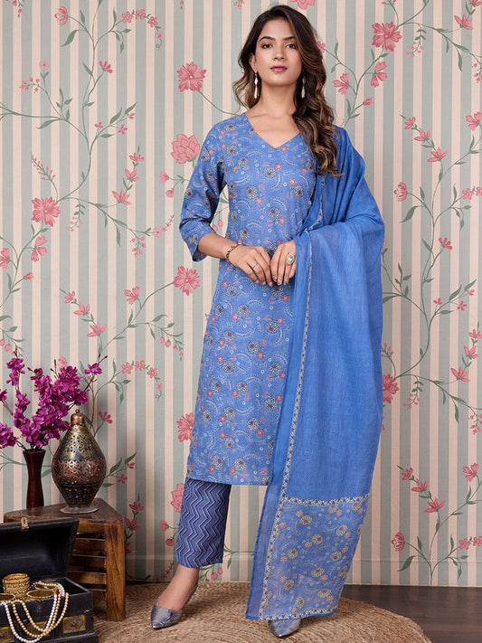 Dhiyona OD  Floral Printed Regular Pure Cotton Kurta with Trousers & Dupatta