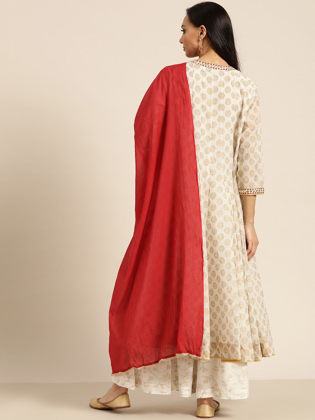 Dhiyona SN Women's Off-White & Golden Printed Kurta with Palazzos & Dupatta