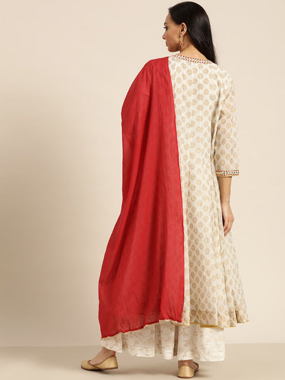 Dhiyona SN Women's Off-White & Golden Printed Kurta with Palazzos & Dupatta