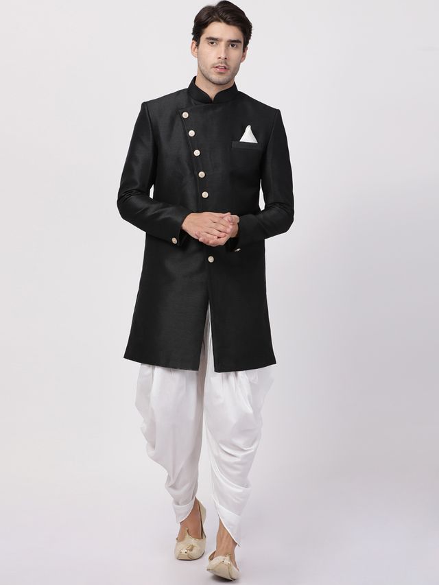Men's Black Silk Blend Straight Sherwani Set