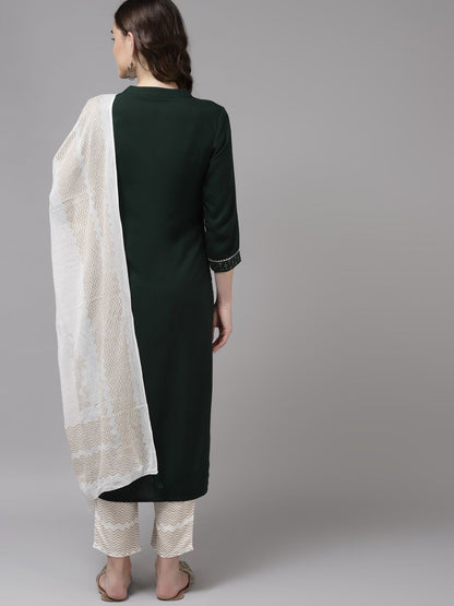 Women Green Ethnic Motifs Embroidered Regular Kurta with Palazzos & With Dupatta