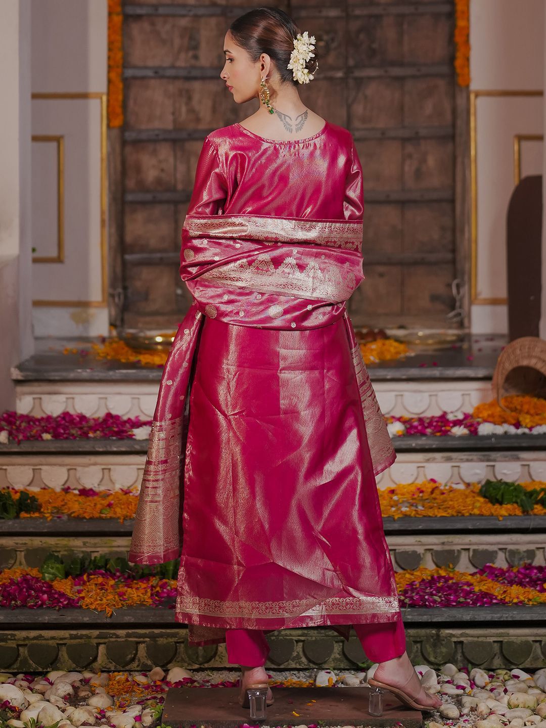 Ethnic Motifs Woven Design Straight Kurta with Trousers & With Dupatta