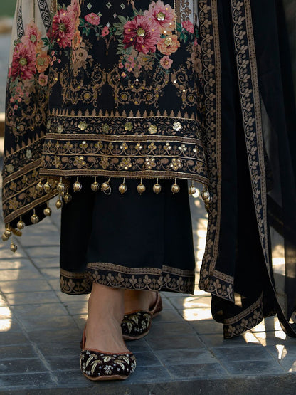 Floral Printed Sweetheart Neck Mirror Work Straight Kurta With Palazzos & Dupatta