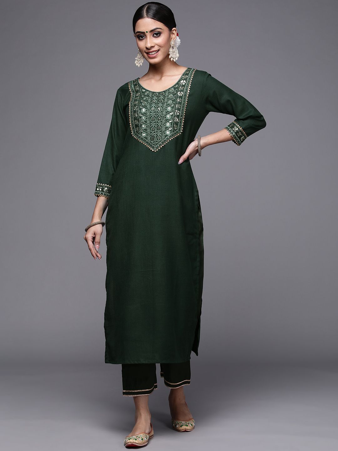 Dhiyona IE Women Green Ethnic Motifs Yoke Design Kurta