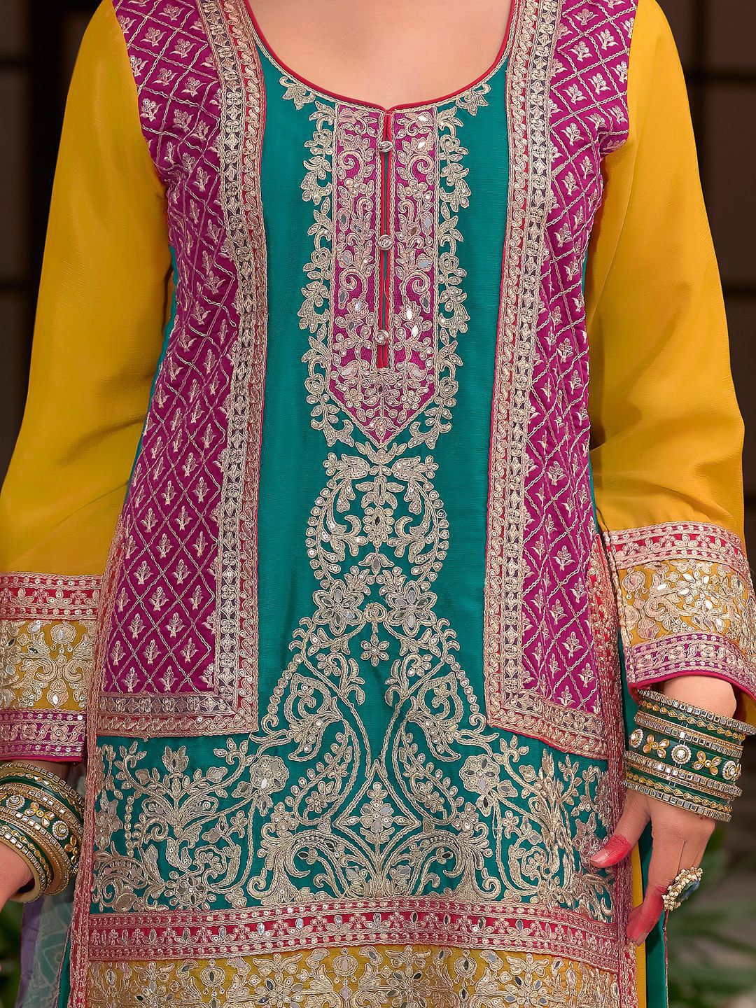 Dhiyona IE Floral Embroidered Round Neck Mirror Work Kura With Palazzos & Dupatta