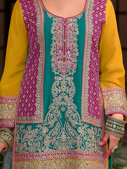 Dhiyona IE Floral Embroidered Round Neck Mirror Work Kura With Palazzos & Dupatta