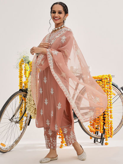 Dhiyona VA Women'sEthnic Motifs Embroidered Thread Work Pure Cotton Kurta & Trousers With Dupatta