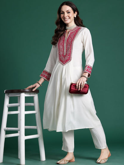 Ethnic Motifs Embroidered Pleated Mirror Work Kurta with Trousers