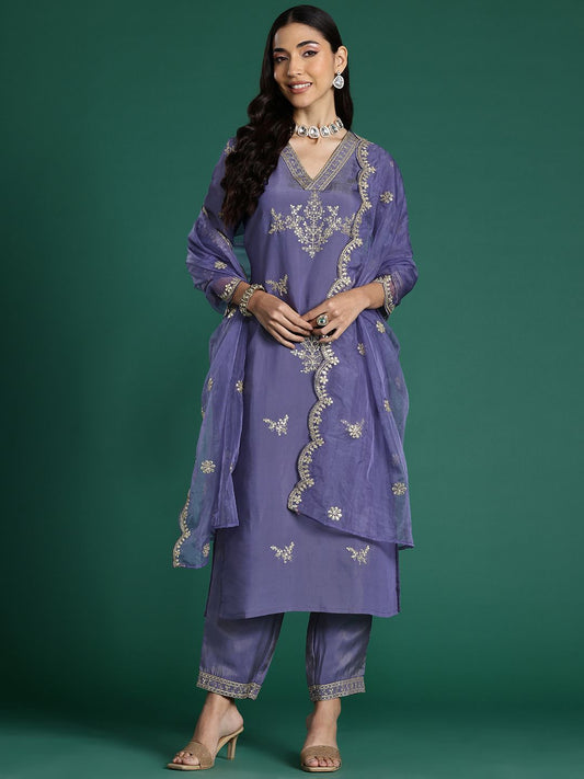 Dhiyona IE Floral Embroidered Sequinned Kurta With Trousers & Dupatta