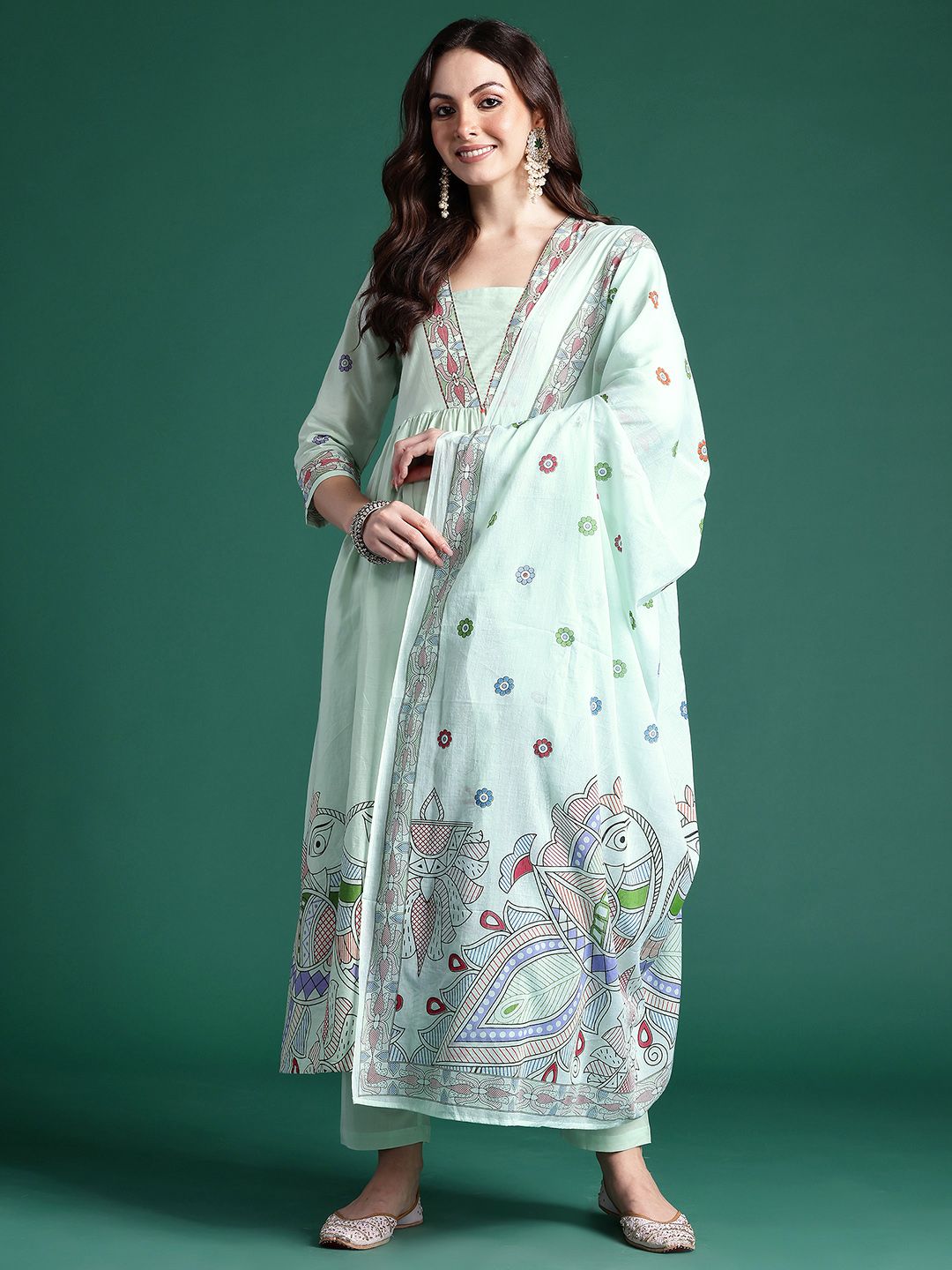Ethnic Motifs Printed Pleated Pure Cotton Kurta with Trousers & Dupatta