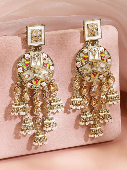 Dhiyona RJ Women's 22K Gold-Plated Multicolour Enamel & Kundan Studded Long Jhumka Dangler Earrings