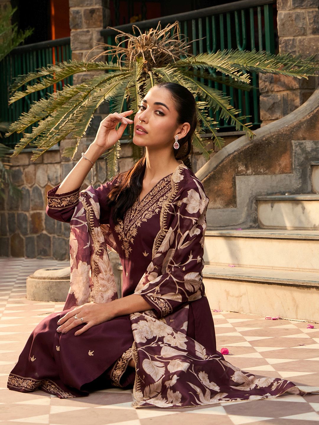 V Neck Ethnic Motifs Embroidered Regular Thread Work Kurta with Salwar & Dupatta