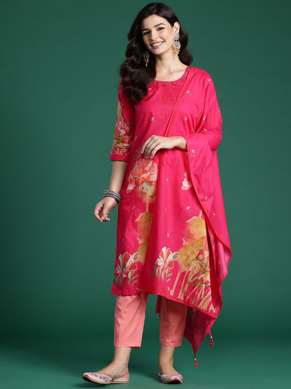 Dhiyona IE Floral Printed Beads & Stones Pure Cotton Kurta With Trousers & Dupatta