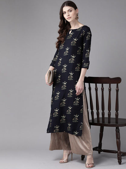 Dhiyona IE Women Navy Blue & White Floral Printed Keyhole Neck Kurta