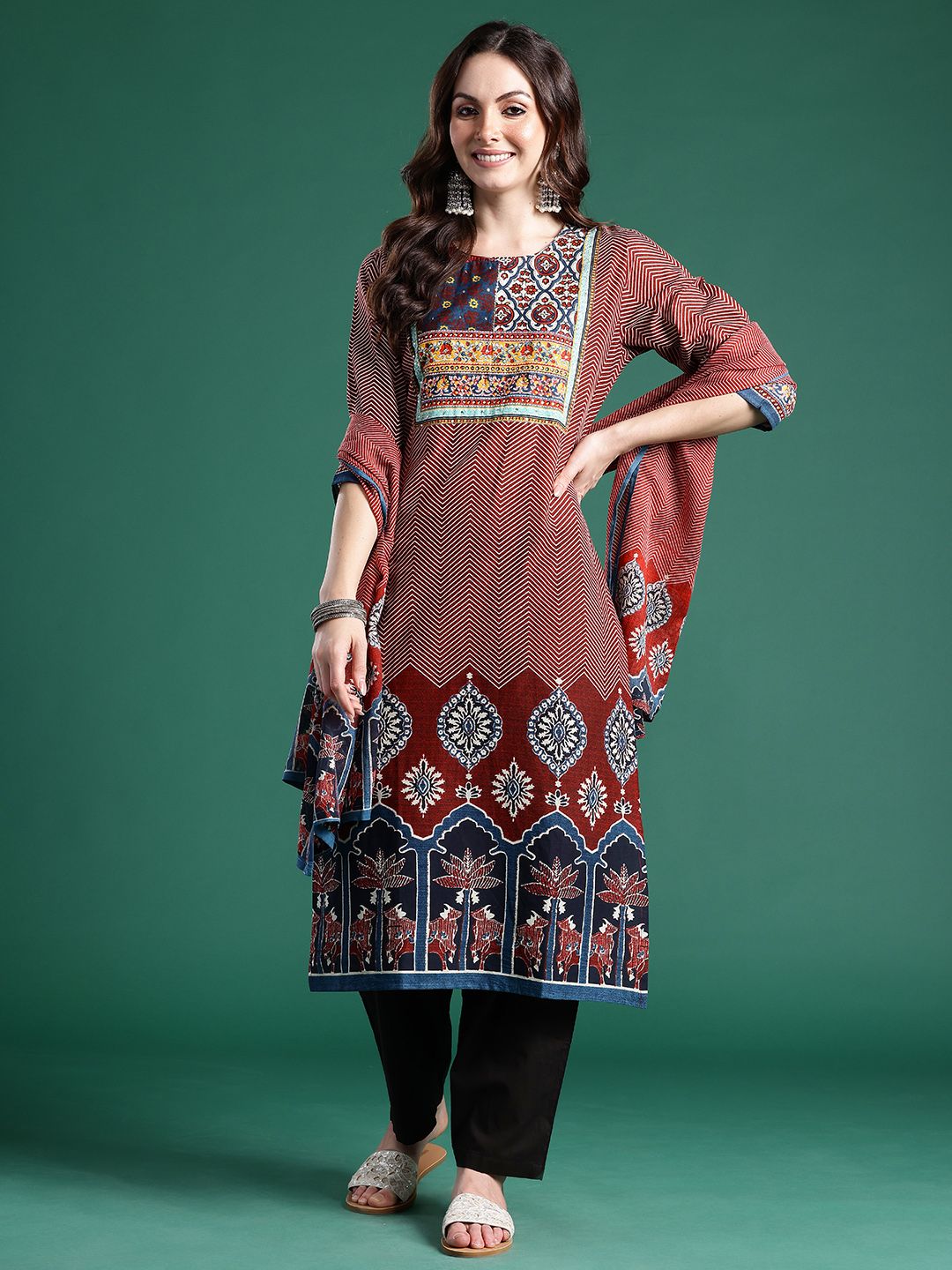 Dhiyona IE Ethnic Motifs Printed Pure Cotton Kurta with Trousers & Dupatta