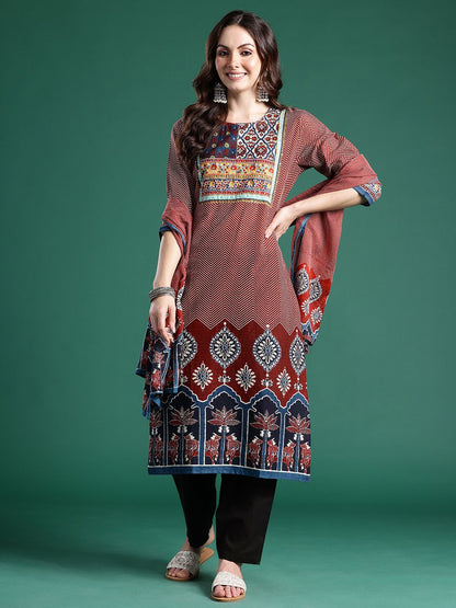Dhiyona IE Ethnic Motifs Printed Pure Cotton Kurta with Trousers & Dupatta