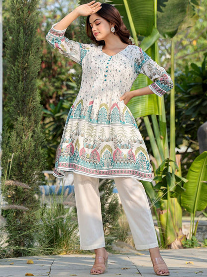 Floral Printed A Line Pure Cotton Kurta With Trousers