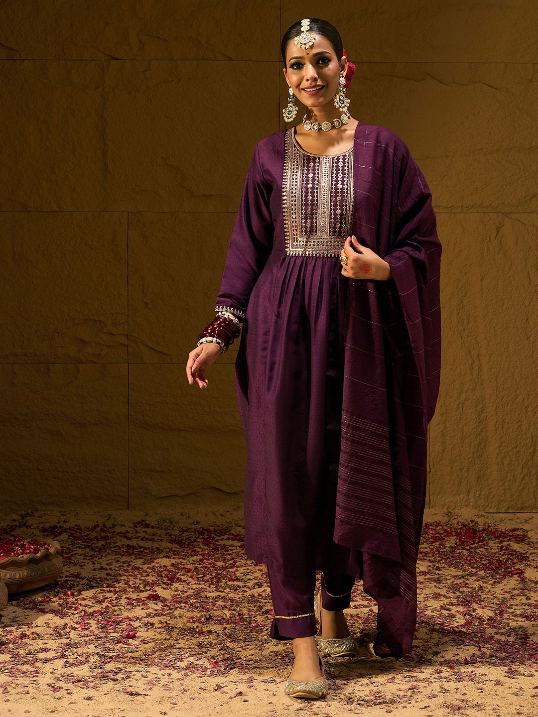 Dhiyona IE Burgundy Floral Embroidered Sequinned Dobby Weave Kurta with Trousers & Dupatta