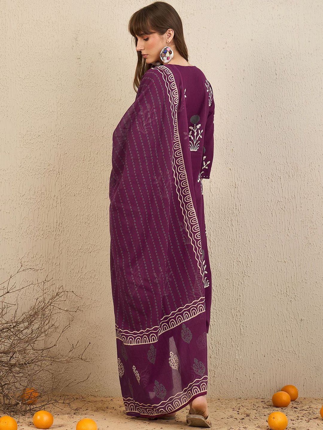 Dhiyona IE Floral Printed Tie-Up Neck Pure Cotton Straight Kurta With Trousers & Dupatta