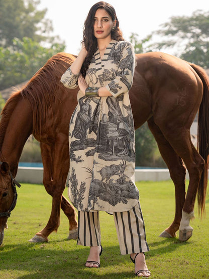 Tribal Printed V-Neck Linen Straight Kurta With Trouser