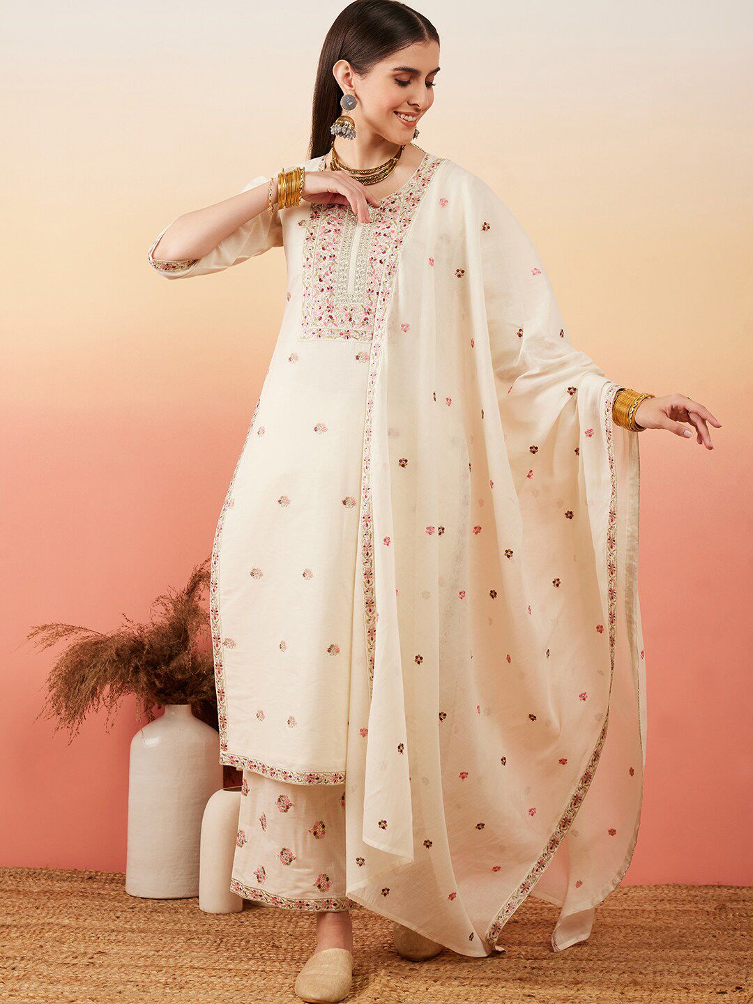 Dhiyona SN Women's Floral Embroidered Pure Cotton Straight Kurta With Palazzo & Dupatta