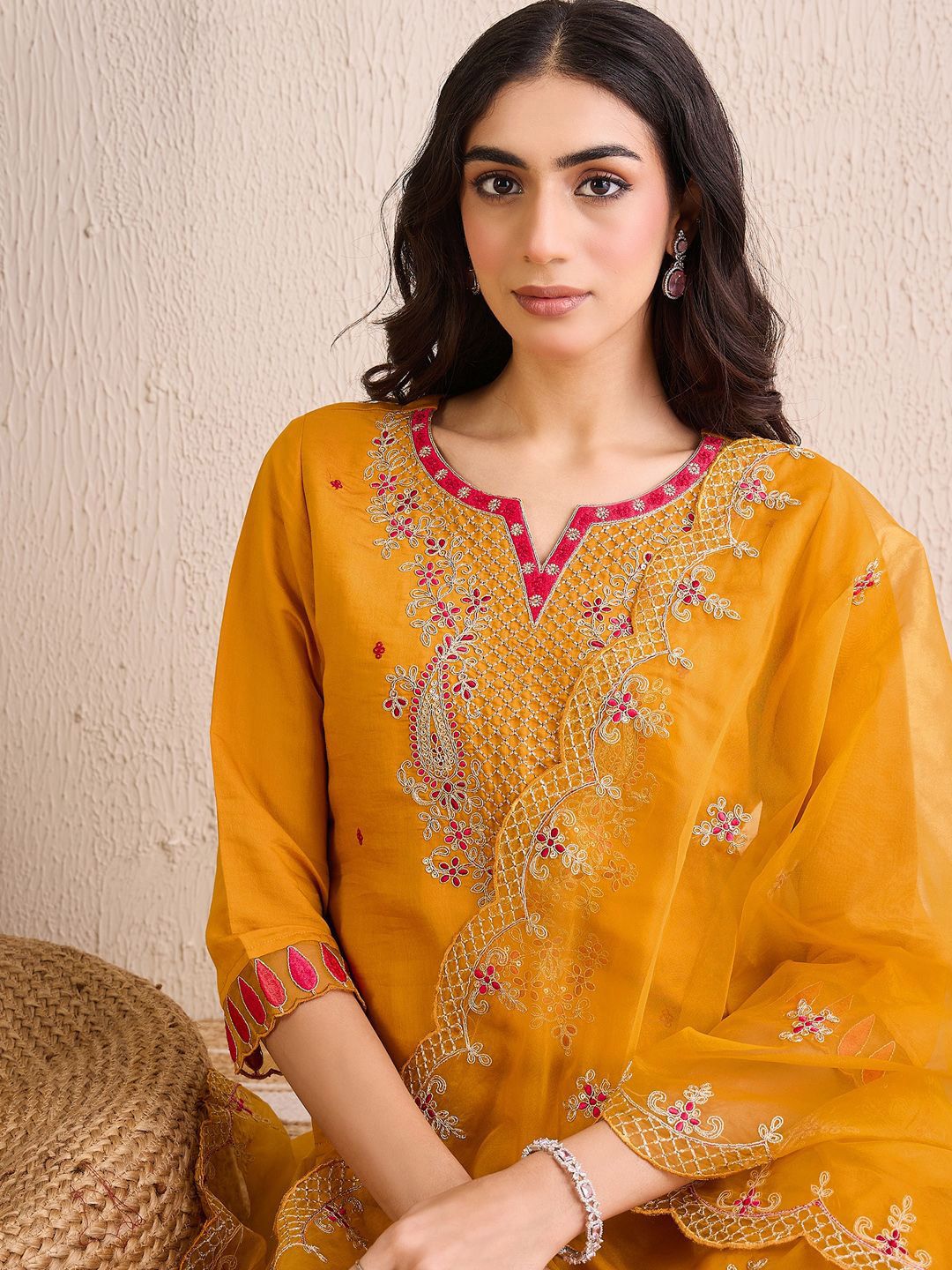 Dhiyona IE Women Ethnic Motifs Embroidered Regular Gotta Patti Kurta with Trousers & With Dupatta
