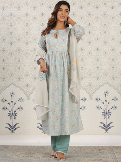 Dhiyona OD  Floral Printed Anarkali Kurta with Trousers & With Dupatta