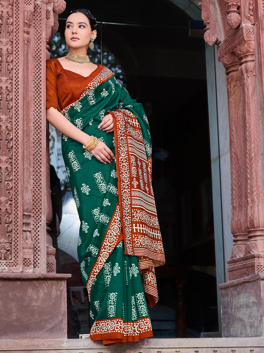 Women's Bhagalpuri Silk Dark Green Printed Designer Saree With Blouse Piece