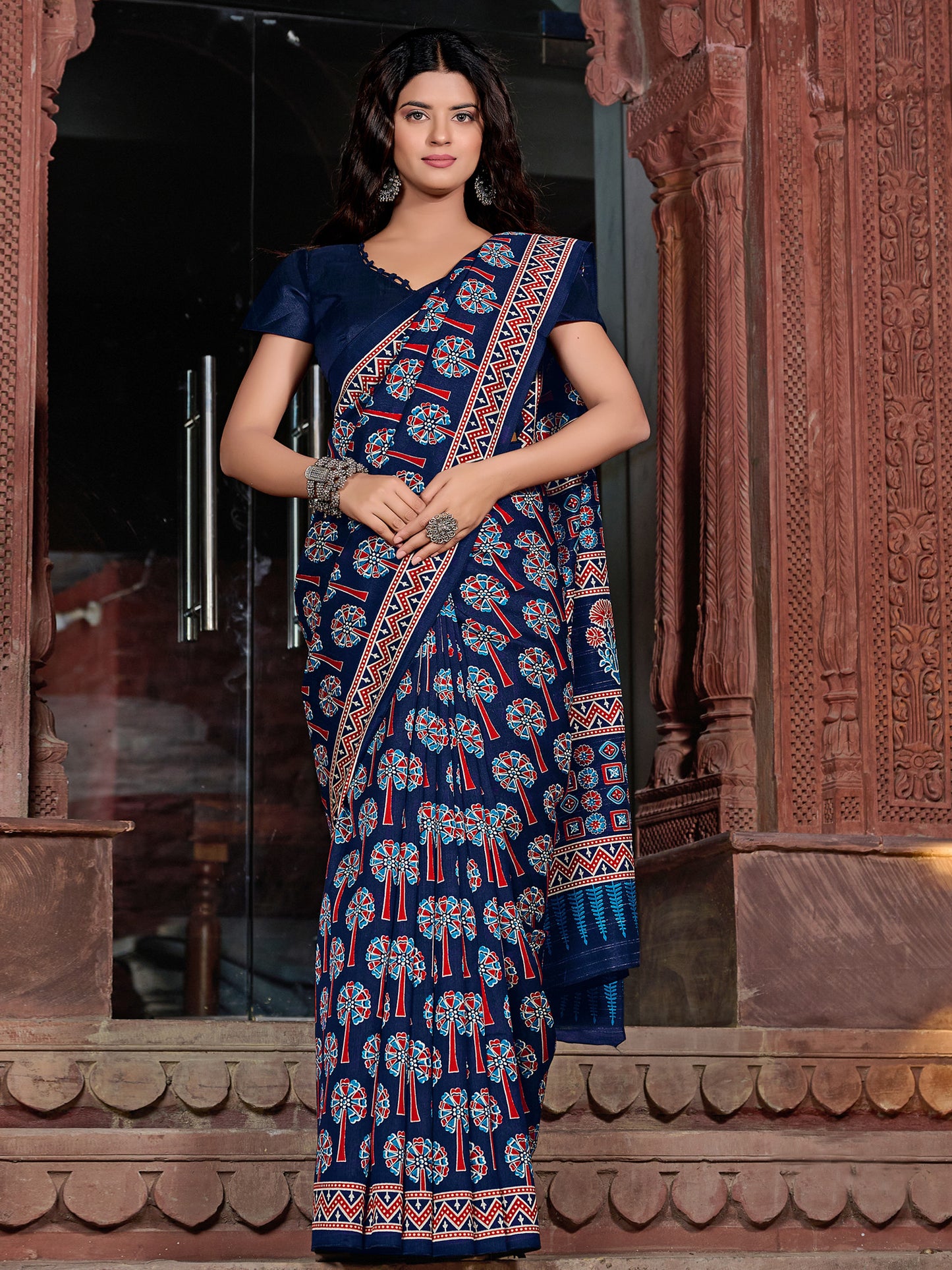 Women's Bhagalpuri Silk Navy Blue Printed Designer Saree With Blouse Piece