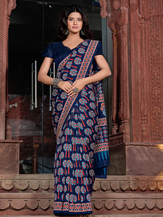 Women's Bhagalpuri Silk Navy Blue Printed Designer Saree With Blouse Piece