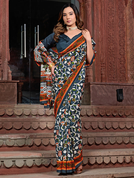 Women's Bhagalpuri Silk Charcoal Grey Printed Designer Saree With Blouse Piece