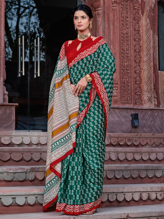 Women's Bhagalpuri Silk Teal green Printed Designer Saree With Blouse Piece