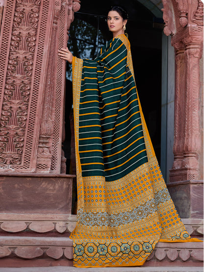 Women's Bhagalpuri Silk Dark Green Printed Designer Saree With Blouse Piece