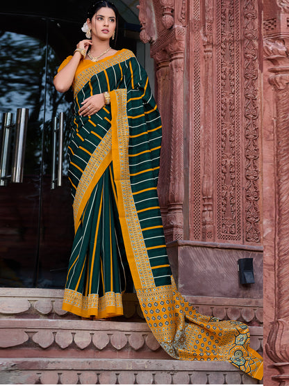 Women's Bhagalpuri Silk Dark Green Printed Designer Saree With Blouse Piece