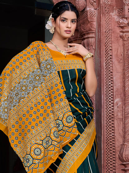 Women's Bhagalpuri Silk Dark Green Printed Designer Saree With Blouse Piece