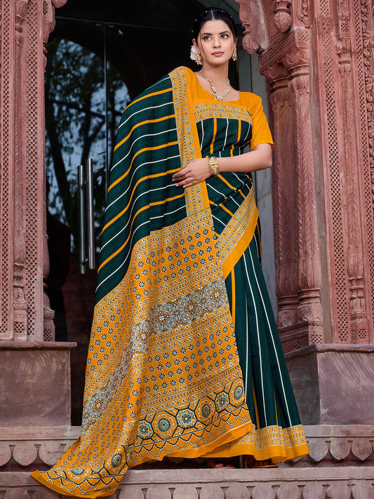 Women's Bhagalpuri Silk Dark Green Printed Designer Saree With Blouse Piece