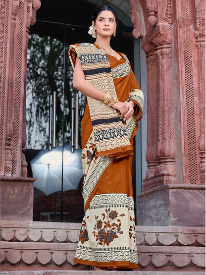 Women's Bhagalpuri Silk Brown Printed Designer Saree With Blouse Piece