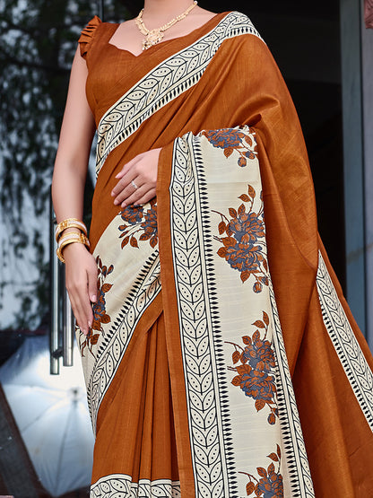 Women's Bhagalpuri Silk Brown Printed Designer Saree With Blouse Piece