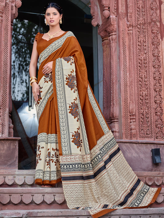 Women's Bhagalpuri Silk Brown Printed Designer Saree With Blouse Piece