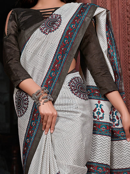 Women's Bhagalpuri Silk Off White Printed Designer Saree With Blouse Piece