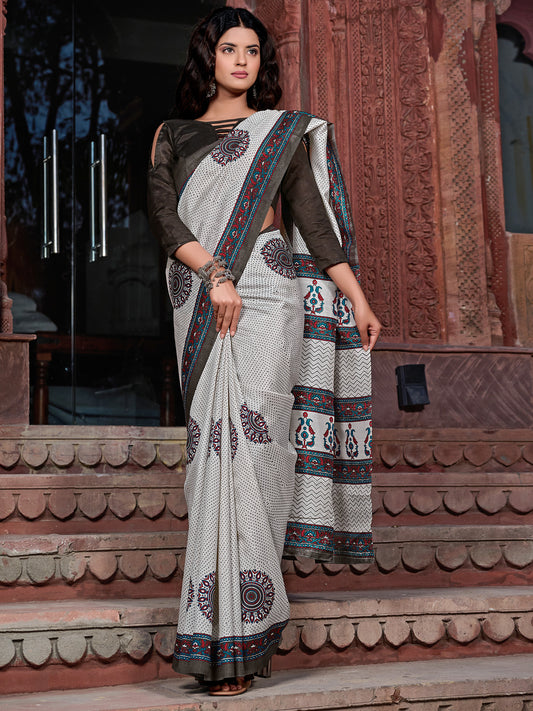 Women's Bhagalpuri Silk Off White Printed Designer Saree With Blouse Piece