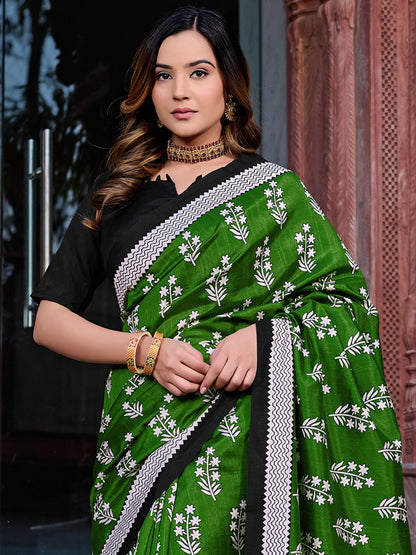 Women's Bhagalpuri Silk Green Printed Designer Saree With Blouse Piece