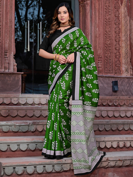 Women's Bhagalpuri Silk Green Printed Designer Saree With Blouse Piece