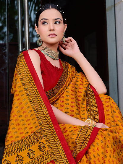 Women's Bhagalpuri Silk Mustard Printed Designer Saree With Blouse Piece